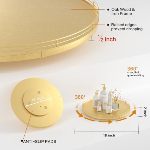 Oroyutor 16-Inch Oak Lazy Susan Organizer with Gold Metal Rail