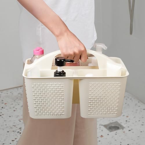 Plastic Portable Shower Caddy Basket with Handle, 3 Compartments, Beige