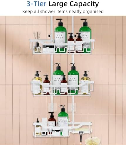 Adjustable Shower Caddy Hanging, Extended Length Organizer Over Shower Head, 3 Tier Long Neck Shower Rack with Soap Holder for Large Storage, White