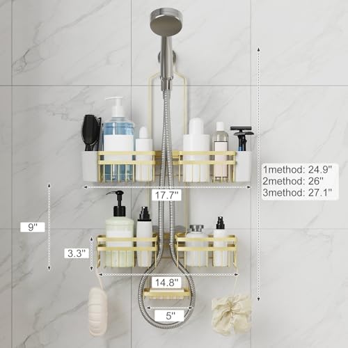 Shower Caddy Hanging for Bathroom Organizers and Storage - 3-Tier Adjustable Anti-Swing Shower Organizer Hanging with Heavy-Duty Suction Cups, Damage-Free Rustproof (Gold)