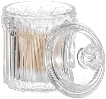 2 Pack Qtip Holder Thick Glass Apothecary Jars with Lid for Bathroom, Cotton Swab and Round Organizer, Vanity Storage Canisters for Makeup Pads, Floss (Transparent)