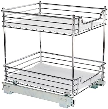 Household Essentials Glidez Chrome-Plated Steel Pull-Out/Slide-Out Storage Organizer with Plastic Liners for Under Cabinet Use - 2-Tier Design - Fits Standard Size Cabinet or Shelf, Chrome