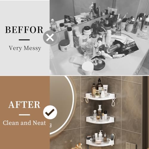 akinbas Corner Shower 3 Tier Caddy Lazy Susan Organizer 360 Rotating Corner Shelf Wall Mounted with No Drilling Shelves for Bathroom Dorm and Kitchen (White)