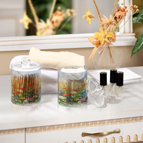 ALAZA Wildflower Watercolor Oil Painting 2 Pack Qtip Holder Dispenser for Cotton Swabs, Balls, Pads, Floss 10 oz Plastic Canister Organizer