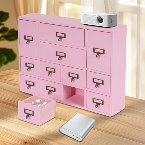 12 Drawers Apothecary Cabinet Library Card Catalog Cabinet Card Catalog Drawer with Metal Handles & Label Slot Wooden Desk Drawer Organizer for Herb Storage, Tea Collection (Pink)