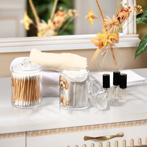 Fustylead 4 Pack Happy Poodle Puppy Sitting Qtip Holder Dispensers for Cotton Swab, Ball, Round Pads, Floss, Plastic Apothecary Jar Set for Bathroom Canister Storage