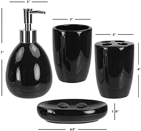 4-Piece Ceramic Bathroom Set (Black), By Home Basics | Contemporary Design Bathroom Accessory Sets | Accessories For Bathroom | Includes Soap Dish, Tumbler, Toothbrush Holder, and Lotion Dispenser