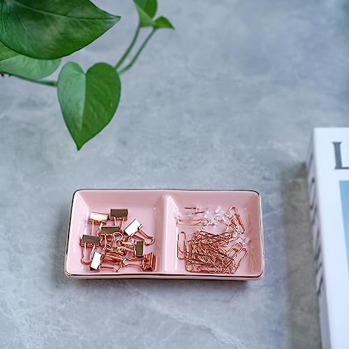 HANKOR Ceramic Jewelry Dish Tray, 2 Compartment Ring Dish, Decorative Trinket Tray for Rings, Earrings, Keys, Birthday Christmas Gifts, Pink