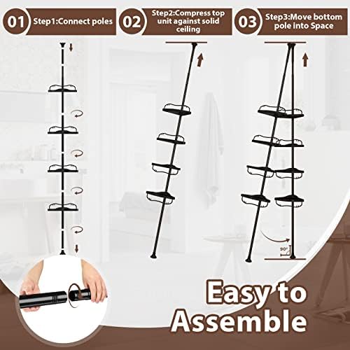 Corner Shower Caddy Tension Pole - Heavy Duty Floor to Ceiling Shower Organizer Tension Pole with 4 Shelves,54"-114” Adjustable Rustproof Stand Rack for Bathtub,Bathroom,Dorm,RV - Black