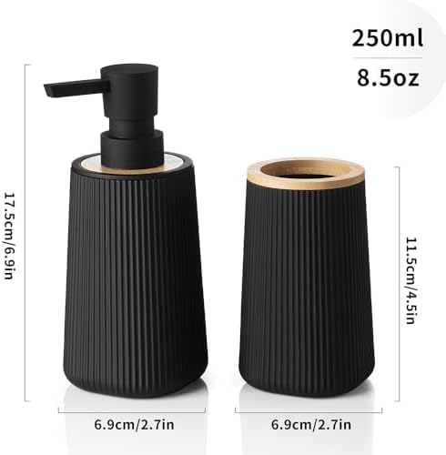 YAUKPH Bathroom Soap Dispenser and Toothbrush Holder Striped Black Bamboo