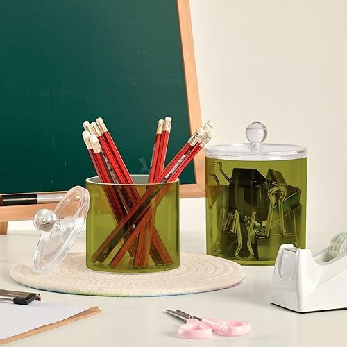 Gredecor Olive Apothecary Jars with Lids for Bathroom & Kitchen Organization Containers Acrylic Plastic Organizers Great for Q-Tip Cotton Swabs, Jewelry, Food & Candy Storage, Set of 2 Sizes