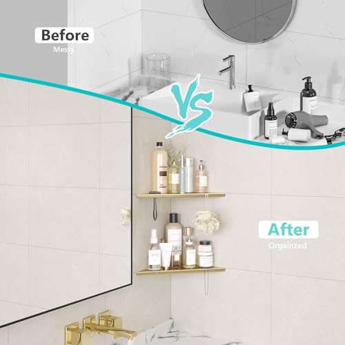 Qeke 10" Corner Shower Shelf, 2 Pack Tile Corner Shelves, Brushed Golden