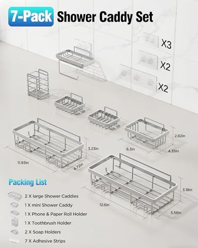Shower Caddy 7 Pack, Adhesive Bathroom Shower Organizer for Bathroom Storage, No Drilling Large Capacity Rustproof Stainless Steel Shower Shelves Rack for Bath, Silver
