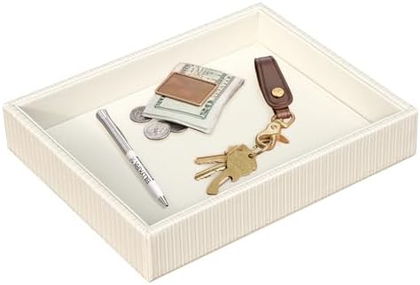 HofferRuffer Faux Leather Vanity Tray, Elegant Desktop Storage Organizer, Decorative Catchall for Perfume, Bathroom Valet, Nightstand or Dresser, 10.2 x 8.4 x 1.8 inches (CreamWhite Stripe)