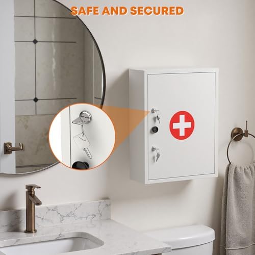 Medicine Cabinet with Dual Key Lock, Wall Mounted First Aid Cabinet, Pill Bottle Organizer Storage for Home Office & School Use 16" W x 6" D x 21" H (White)