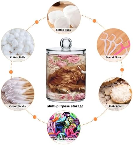 ALAZA 2 Pack Qtip Holder Highland Cow Pink Roses, Cotton Swab Dispenser with Lid Bathroom Containers Canister Organizer Storage Jar
