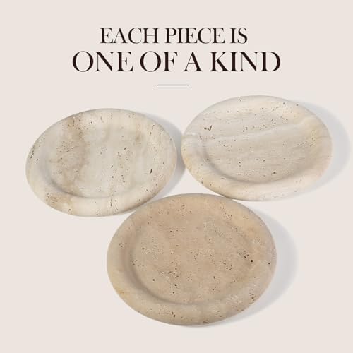 Koville Italian Round Travertine Tray, 8" Vanity Decorative Marble Tray for Countertop, Catchall for Perfume, Candles, Jewelry Dish