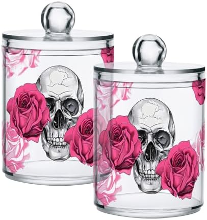 2 Pack Qtip Holder Dispenser Skull Rose Flower Bathroom Storage Canister Lid Acrylic Plastic Apothecary Jar Set Vanity Makeup Organizer for Cotton Swab/Ball/Round Pads, Floss