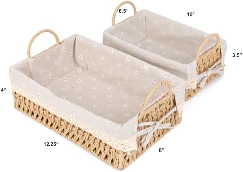Wicker Storage Baskets with Handle and Liner, Rectangular Natural Paper Rope Woven Shelf Baskets for Organizing, Storage Bins Organizers for Living Room Bedroom Bathroom Tabletops(Set of 2)