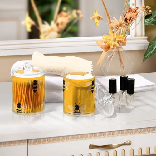 2 Pack Qtip Holder Organizer Dispenser Bees Yellow Pattern Bathroom Storage Canister Cotton Ball Holder Container for Cotton Pads/Swabs/Floss