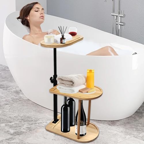 3 Layer Bath Tub Tray Table Liftable Freestanding Bamboo Bath Tray Caddy for Tub Against Wall Shelf Bathroom Organizer Shelf for Luxury Spa (Oval)