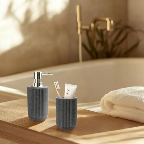 2Pcs Gray Bathroom Set, Striped Resin Soap & Toothbrush Holder, Boho