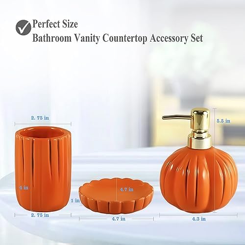 Halloween Pumpkin Bathroom Accessories Set, Orange Bathroom Fall Decor, 3PC Ceramic Bathroom Sets Complete, Toothbrush Holders, Soap Dispenser, Soap Dish, Bathroom Organizer for Countertop