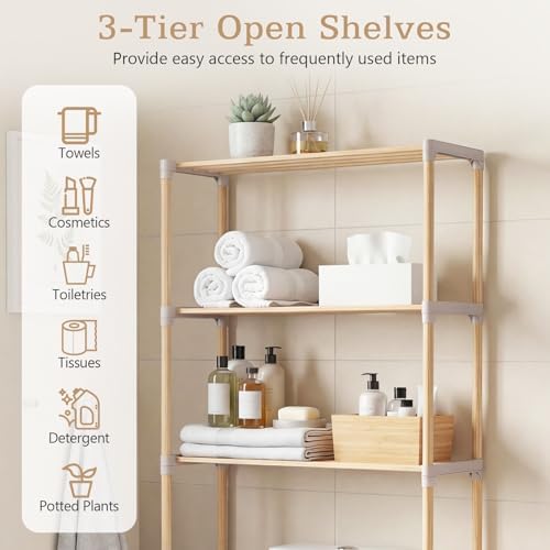 COSTWAY 3-Tier Over The Toilet Rack, Solid Wood Vertical Organizer