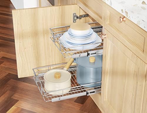 LOVMOR Individual Pull Out Cabinet Organizer, 2 Tier Slide Out Cabinet Drawers, Pots and Pans Organizer and Storage Pantry Shelf for Kitchen (20" W x 21" D)