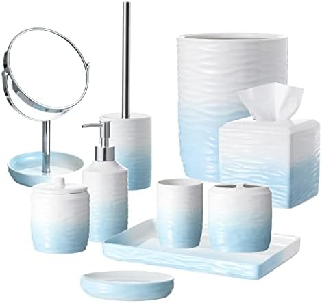 Bathroom Accessories Set, 5-Piece Ceramic Bath Accessory Complete Set with Lotion Dispenser/Soap Pump, Cotton Jar, Soap Dish, Tumbler and Toothbrush Holder (Blue and White Gradient)
