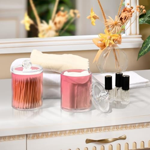 Gredecor 4 Pack Gradient Pink Qtip Holder Organizer Dispenser Clear Bathroom Storage Canister Cotton Ball Holder Bathroom Containers for Cotton Swabs/Pads/Floss