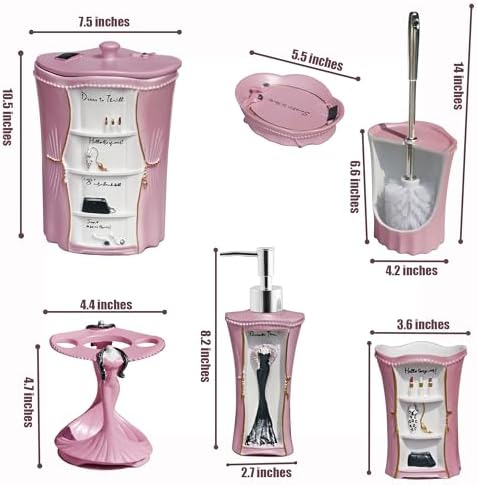 LUANT 6 PCS Bathroom Accessories Including Soap Dispenser, Soap Dish, Tumbler, Teethbrush Holder, Trash Can and Toilet Brush, Decoration for Girl's Bathroom, Countertop Oragnizer, Pink