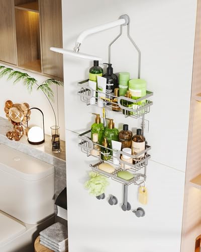 HapiRm Bathroom Hanging Shower Caddy - Rustproof Shower Shelf with 12 Hooks and 2 Soap Holders, No Drilling Bathroom Organizers and Storage - Brushed Nickel