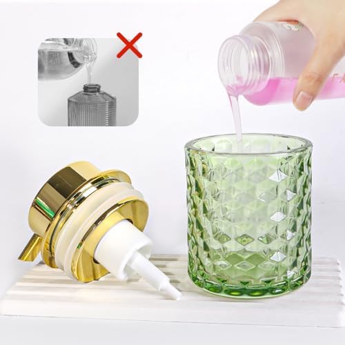 Bathroom Accessories Set 2pcs Glass Foaming Soap Dispenser and Toothbrush Holder for Bathroom Countertop, Green Glass Bathroom Assessory Set with Gold Decor