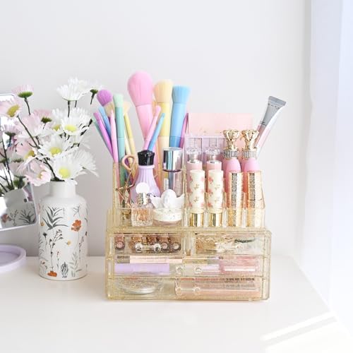 Ikee Design Acrylic Clear Makeup Cosmetics Lip Gloss Organizer,Gold