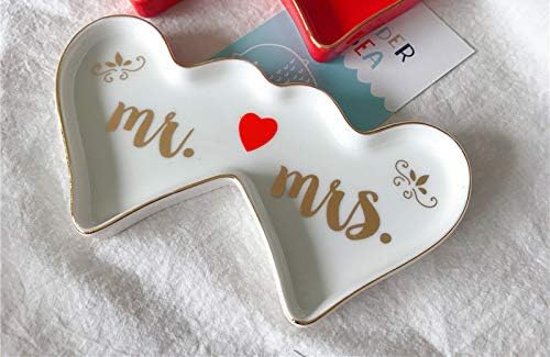 Stephanie Imports Double-Hearted Mr & Mrs Ceramic Trinket Plate and Decorative Jewelry Dish