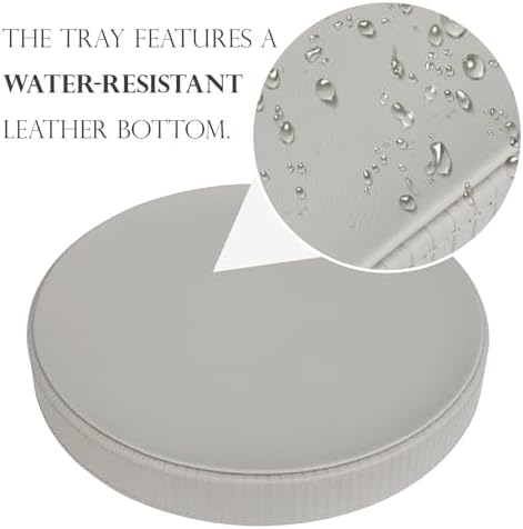 HofferRuffer Round Decorative Tray, Faux Leather Vanity Tray Decor, Decorative Catchall for Perfume, Bathroom Valet, Nightstand or Dresser (Grey Stripe, Round-12" x 12" x 1.6")