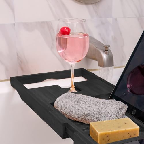 Homemaid Living Luxury Bamboo Bathtub Trays for Tub - Expandable Bathroom Tray with Reading Rack or Tablet Holder, Premium Bath Tray with Wine Glass Holder, Bathroom Caddy, Fits All Bathtubs (Black)
