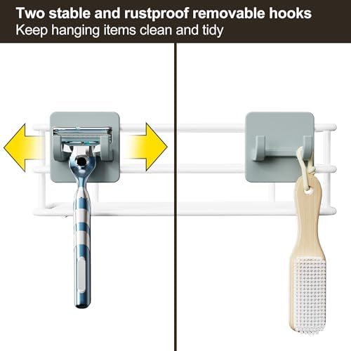 Orimade Adjustable Anti-slip Shower Caddy over Shower Head, Rustproof Bathroom Hanging Shower Organizer with 2 Hooks for Razor, No Drilling Shelves Storage Rack 2 Tier, White
