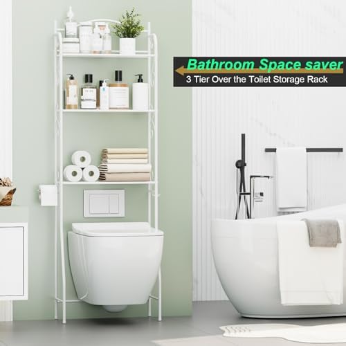 HOME BI Over The Toilet Storage Shelf, 3-Tier Over Toilet Bathroom Organizer Rack, Freestanding Space Saver Toilet Stands with Hooks (White)