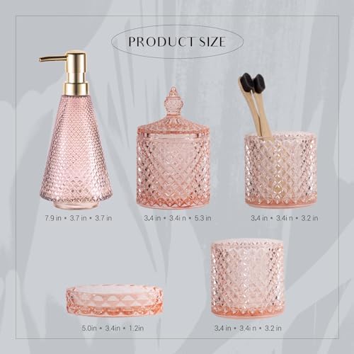 EMPO 5Pcs Diamond Glass Bathroom Accessories Complete Set, Triangle Vintage Lotion Dispenser, Soap Dish, Toothbrush Holder, Tumbler, Cotton Swab Jars, Modern Decor, Housewarming Gift Set (Fresh Pink)