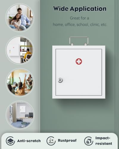 Uniclife Wall Mount Medicine Cabinet with Key Lock & Handle Locking First Aid Cabinet Lockable Medical Cabinet Medium Medicine Organizer Secure Steel Wall Cabinet Metal Storage Box, White