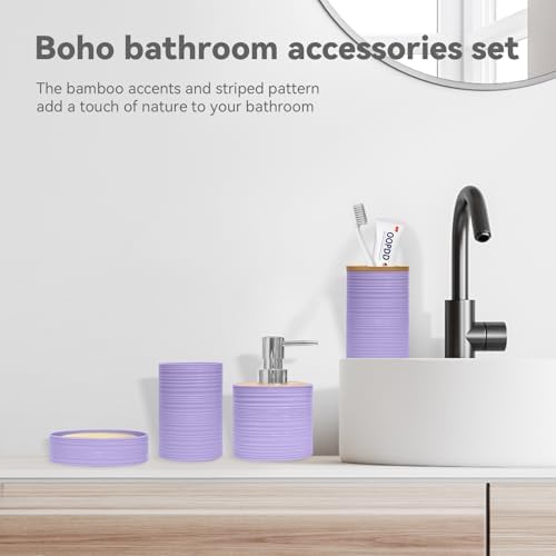 Bathroom Accessories Set 4 PCS, Purple Bamboo Bathroom Sets Accessories