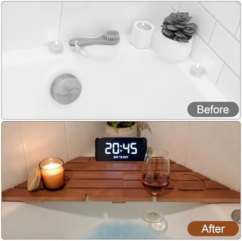 Junkin Corner Bathtub Tray Bamboo Non Slip Bathtub Corner Tray Caddy Farmhouse Bamboo Shelf for New Home House Warming Birthday Wedding Gifts for Couple Bridal Shower Gift for Women
