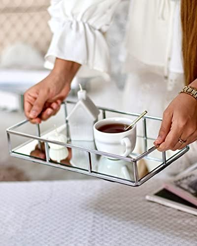 JollyCaper Silver Mirror Vanity Tray, Rectangle 12x8x2 Inches - Jewelry, Perfume, Makeup Organizer - Decorative Metal Tray for Dresser, Bathroom, Living Room, Bar Cart