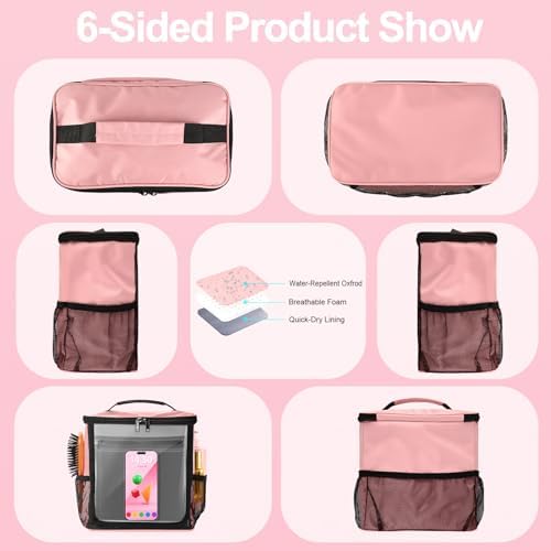 Portable Hanging Shower Caddy, Large Capacity Travel Toiletry Bag for Men & Women, Bath Organizer with Hook & Waterproof Phone Compartment, for Gym, Travel, Dorm, Picnic, Bathroom(Pink)