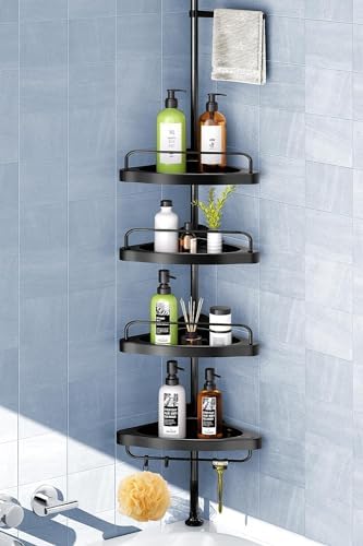 HAMITOR Corner Shower Caddy Tension Pole: Adjustable Stainless Steel Shower Organizer 4 Tier Shelf for Bathroom Bathtub Shampoo - Floor Standing Rack Bath Storage Holder with Rust Proof Rods - Black
