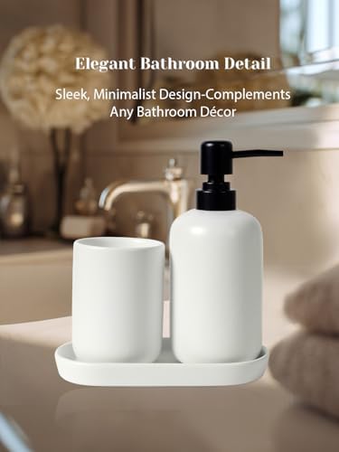 INGOFIN 3 Pcs Ceramic Bathroom Accessory Set - Liquid Soap Dispenser, Toothbrush Holder & Tray, Bathroom Counter Set, Countertop Essentials for Home, Guest Bathroom, or Office Use, White