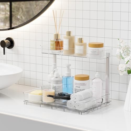 Yieach 2 Pack 14.6″ Deep Pull Out Under Sink Organizer,12.8″ High 2 Tier Slide Out Cabinet Organizer for Kitchen Cabinet,Undersink Organizers,Under Sink Shelves,Bathroom Organizers and Storage,Clear