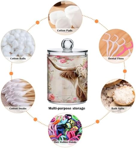ALAZA 2 Pack Qtip Holder Highland Cow Pink Flower, Cotton Swab Dispenser with Lid Bathroom Containers Canister Organizer Storage Jar